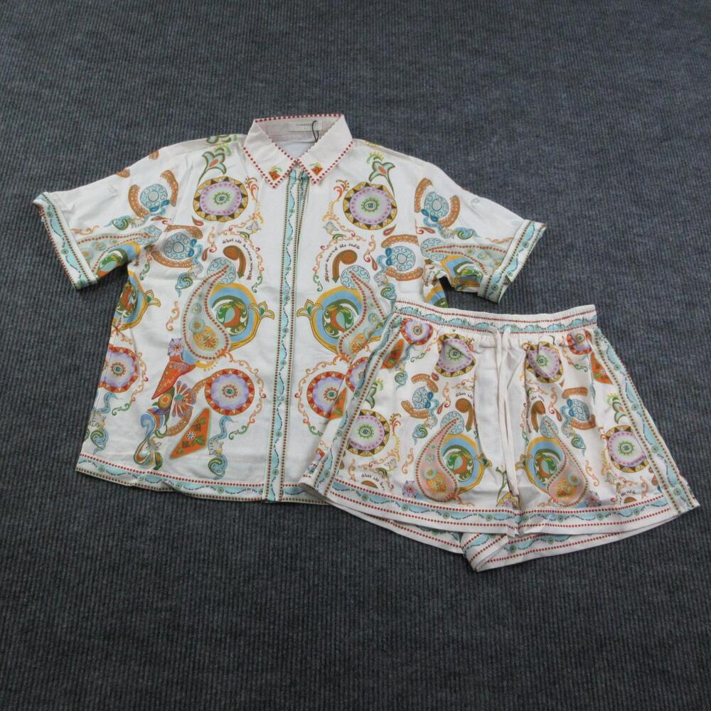 COMMENSE Pajama Set Womens L White Paisley Short Sleeve Collared Button NWT